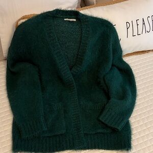 American Eagle Outfitters Teal Fuzzy Open-Front Cardigan